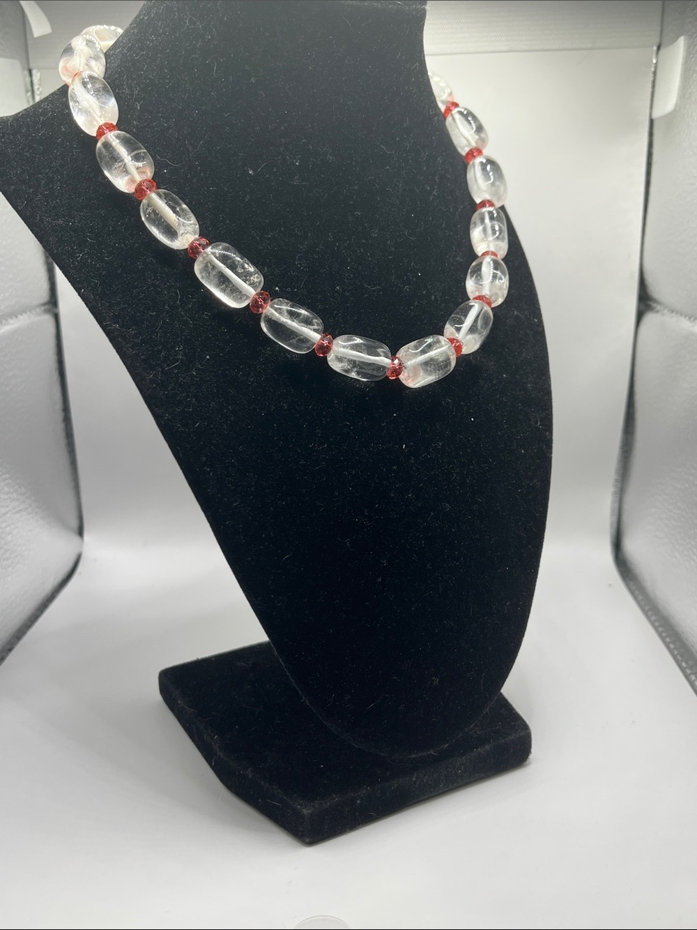 Quartz Barrel Necklace with Red Accent Beads Silver Clasp